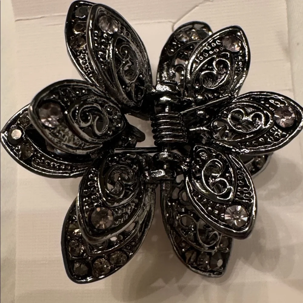 NEW! JAW CLAW HAIR CLIP RHINESTONES 1 1/2” STRONG ALLOY Gunmetal UPDO ACCESSORY